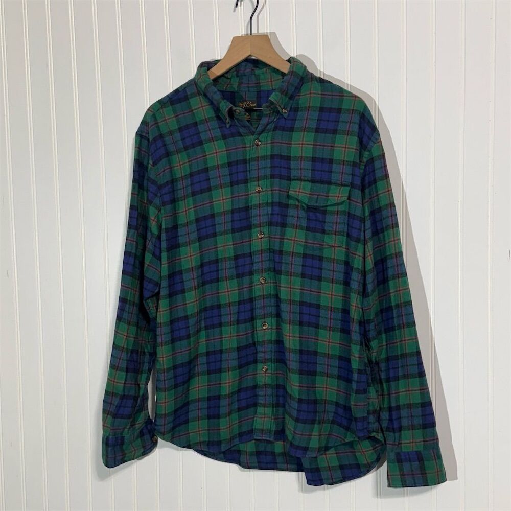 J.Crew XL Plaid Flannel Shirt Green Blue Cashmere Blend Mens Button Down Madras